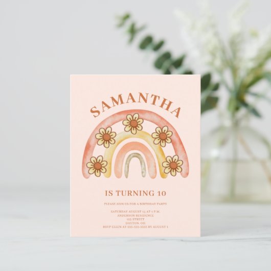 Budget Retro Boho Regenboog 10e Verjaardag Uitnodi (Staand voorkant)