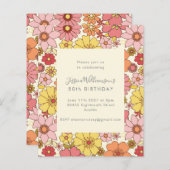 Budget Retro Boho Roze Bloemen Verjaardag Uitnodig (Voorkant / Achterkant)