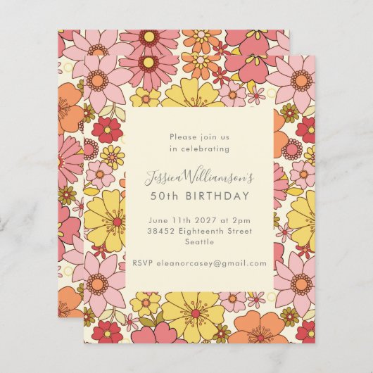 Budget Retro Boho Roze Bloemen Verjaardag Uitnodig (Voorkant / Achterkant)