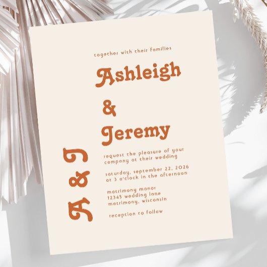 Budget Retro Burnt Oranje Minimal Wedding Invite