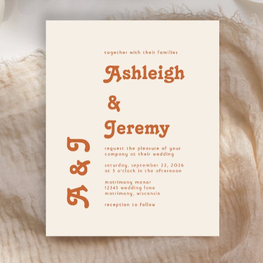 Budget Retro Burnt Oranje Minimal Wedding Invite