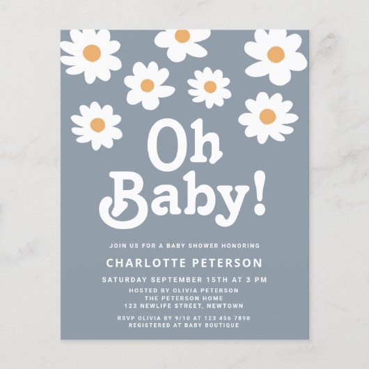 Budget Retro Daisy Blue Baby shower Invitation (Voorkant)