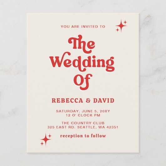 Budget Retro Groovy 70s Ivoor Rood Bruiloft Uitnod (Voorkant)