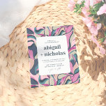 Budget Retro Groovy Kleurrijke Abstracte Bruiloft<br><div class="desc">Bright Colors Abstract Floral Groovy Retro Wedding Invitations, een moderne twist op een retro thema. De voorkant van deze budgetuitnodigingen toont een abstract botanisch patroon in vetgedrukte en heldere tinten van paarse, blauw en blauwgroen. De trouwdetails worden gepresenteerd op een witte rechthoekige overlay met gebogen hoeken, terwijl de namen van...</div>