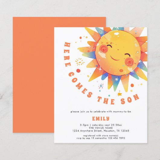 Budget Retro Hier komt de Son Baby shower uitnodig (Voorkant / Achterkant)