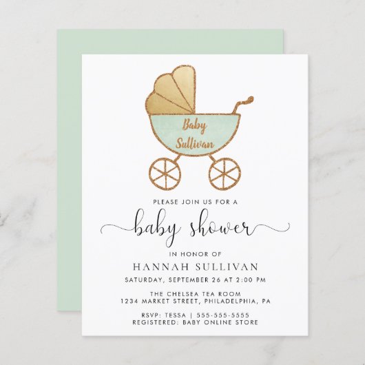 Budget Retro Mint Carriage Baby shower uitnodigen (Voorkant / Achterkant)