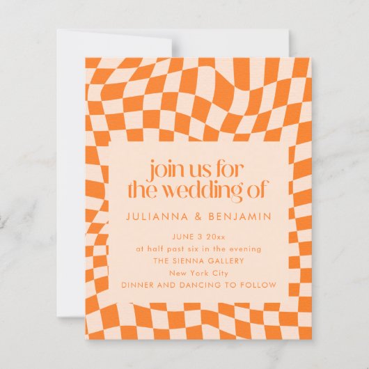 Budget Retro Orange Check Wedding QR Code Invite (Voorkant)