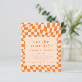 Budget Retro Oranje Geruite Trouw QR Code Uitnodig