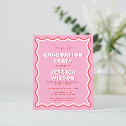 Budget Retro Pink Red Photo Afstuderen Uitnodiging (Staand voorkant)