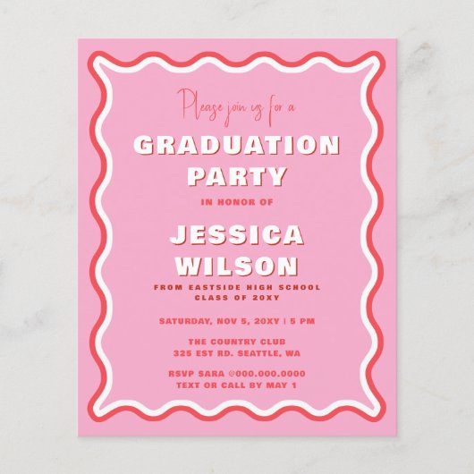 Budget Retro Pink Red Photo Afstuderen Uitnodiging (Voorkant)