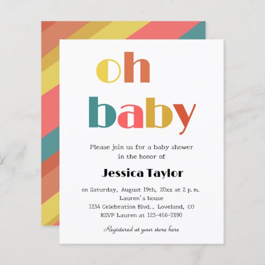 Budget Retro Rainbow OH Baby shower Invitation (Voorkant / Achterkant)