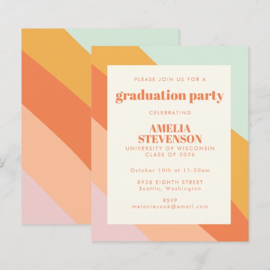 Budget Retro Stripes Graduation Party nodigt uit (Voorkant / Achterkant)