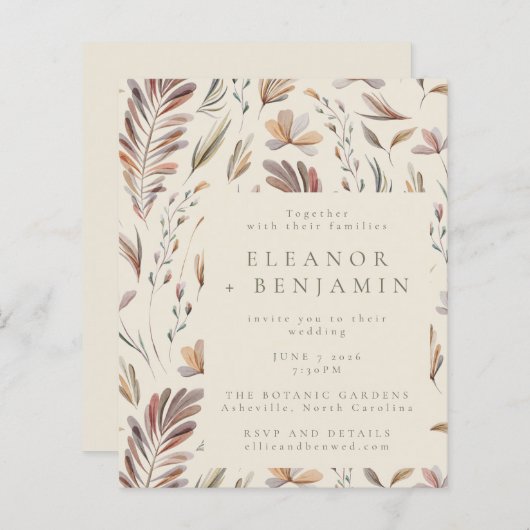 Budget Robuust Botanische Aarde Tones Wedding Invi (Voorkant / Achterkant)