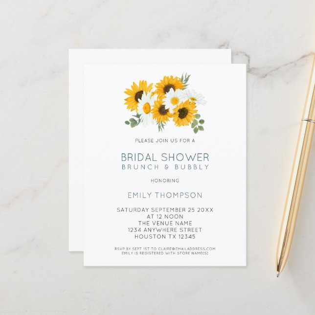 Budget Robuuste Sunflower Bridal Shower Invitation (Voorkant / Achterkant in situ)