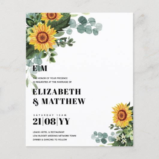 BUDGET Robuuste zonnebloemen Modern Text Wedding F Flyer (Voorkant)