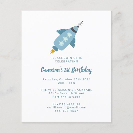 Budget Rocket Blue 1st Birthday Uitnodiging (Voorkant)