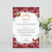 Budget Rode Bloemen Goud Quinceañera Sweet 16 Menu (Staand voorkant)