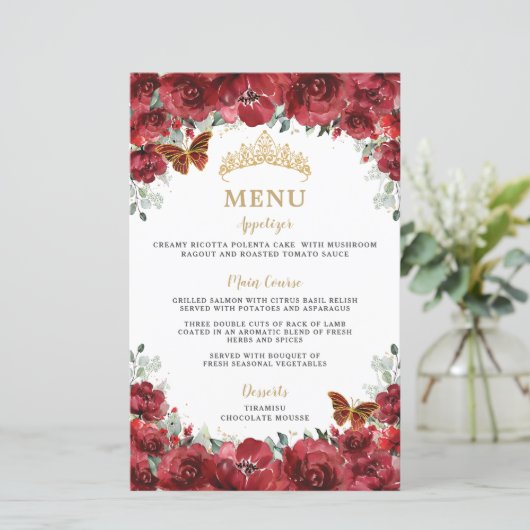 Budget Rode Bloemen Goud Quinceañera Sweet 16 Menu (Staand voorkant)