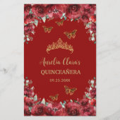 Budget Rode Bloemen Goud Quinceañera Sweet 16 Menu (Achterkant)