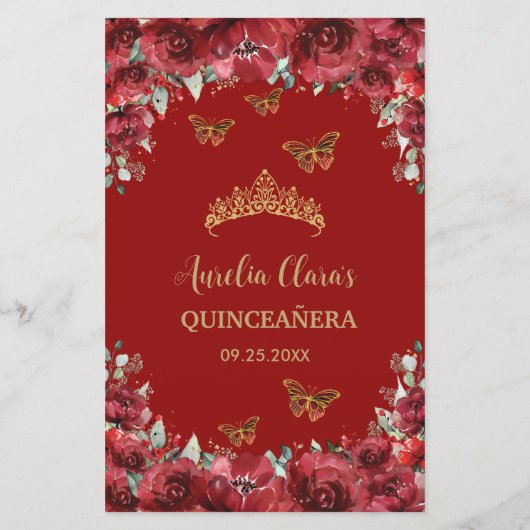 Budget Rode Bloemen Goud Quinceañera Sweet 16 Menu (Achterkant)