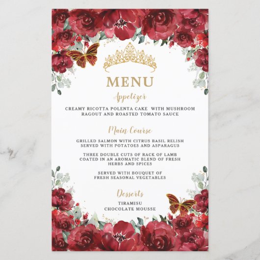 Budget Rode Bloemen Goud Quinceañera Sweet 16 Menu (Voorkant)