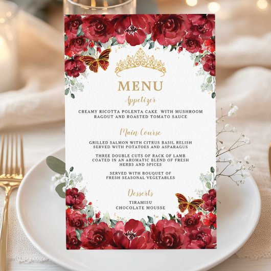 Budget Rode Bloemen Goud Quinceañera Sweet 16 Menu