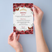 Budget Rode Bloemen Goud Zoet 16 Quinceañera Menu (Hand)