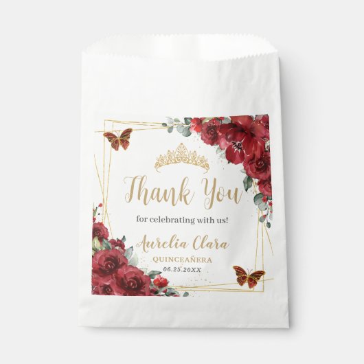 Budget Rode Bloemen Gouden Butterfiles Quinceanera Bedankzakje (Voorkant)