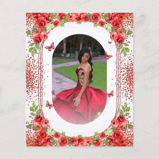 Budget Rode Bloemen Quinceanera Uitnodiging Flyer (Achterkant)