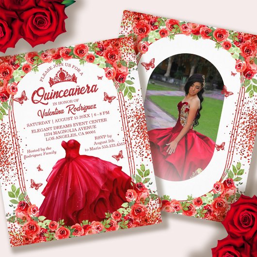 Budget Rode Bloemen Quinceanera Uitnodiging Flyer