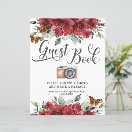 Budget Rode Bloemen Quinceanera XV Gastenboek Foto (Staand voorkant)
