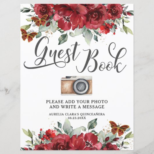Budget Rode Bloemen Quinceanera XV Gastenboek Foto (Voorkant)