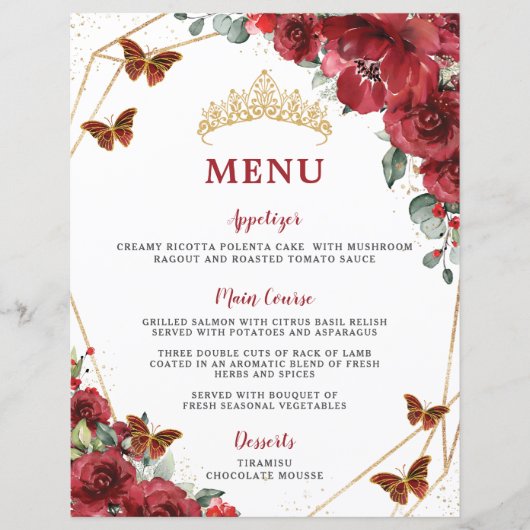 Budget Rode Bloemen Quinceanera XV Verjaardagsmenu (Voorkant)