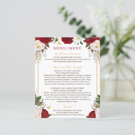 Budget Rode Bloemen Tweetalige Quinceañera Menu (Staand voorkant)