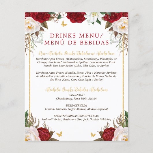 Budget Rode Bloemen Tweetalige Quinceañera Menu (Achterkant)