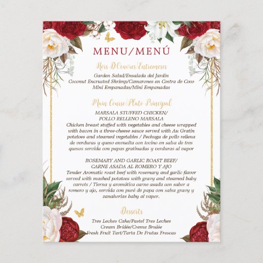 Budget Rode Bloemen Tweetalige Quinceañera Menu (Voorkant)