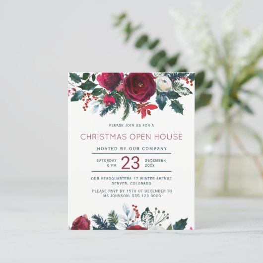 Budget rode bloemige Kerst uitnodiging voor open h (Staand voorkant)