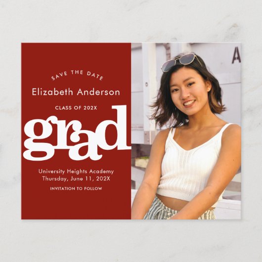 Budget Rode Foto Save Datum Afstuderen Uitnodiging (Voorkant)
