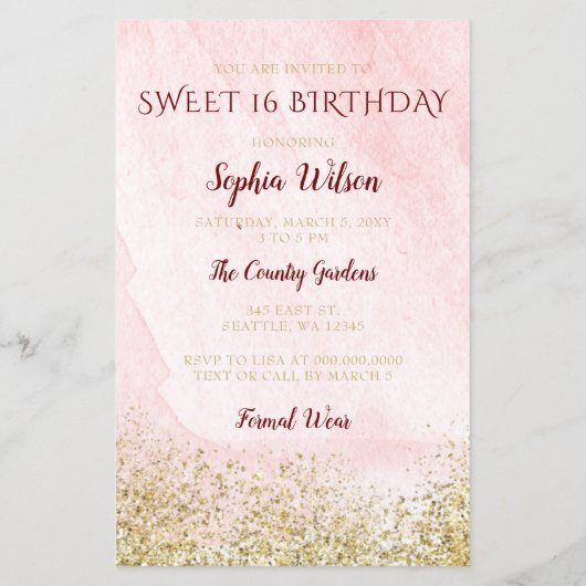 Budget Rode Gouden Jurk Sweet 16 Uitnodiging (Achterkant)