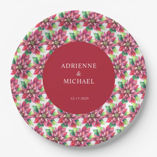 Budget Rode Poinsettia Kerstbruiloft Papieren Bordje (Voorkant)