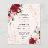 Budget Rode Roos & Goud Bloemen Bruiloft Uitnodigi (Voorkant)