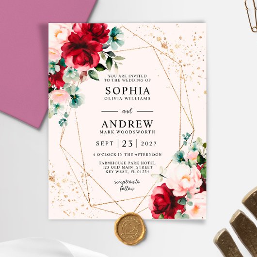 Budget Rode Roos & Goud Bloemen Bruiloft Uitnodigi