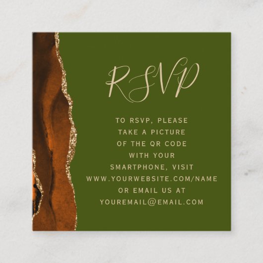 Budget Roest Agaat Olive Wedding QR Code RSVP Informatiekaartje (Voorkant)