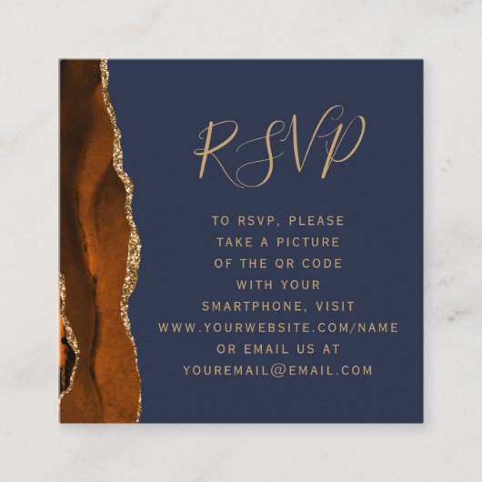 Budget Roest Gold Agaat Navy Wedding QR Code RSVP Informatiekaartje (Voorkant)