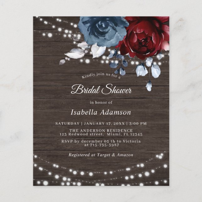 Budget Roestandaard Blauwe Floral Bridal Shower Ui (Voorkant)