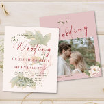 BUDGET Romantic Blush Floral Photo Wedding Invites<br><div class="desc">De voorkant van deze moderne elegante huwelijksuitnodiging heeft een vervaagde pioenenbloem achtergrond in een subtiele blozende toon aan de voorkant, terwijl de achterkant een aanpasbare foto heeft. Beide zijden zijn prachtig bedekt met tekst van moderne cursieve scripttypografie. ♥Pas het met jouw tekst aan door de velden sjabloon te gebruiken. ♥...</div>
