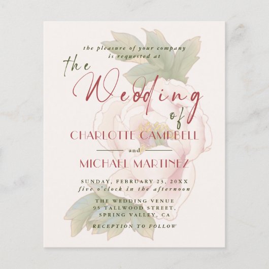 BUDGET Romantic Blush Floral Photo Wedding Invites (Voorkant)