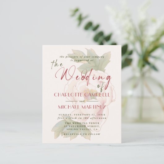 BUDGET Romantic Blush Peony Floral Wedding Invites (Staand voorkant)