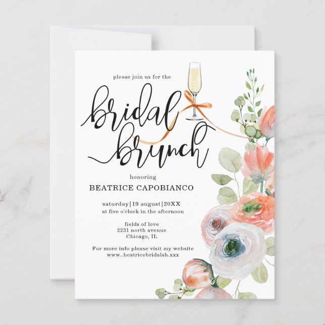 Budget  Romantic Coral Floral Bridal Brunch Card (Voorkant)