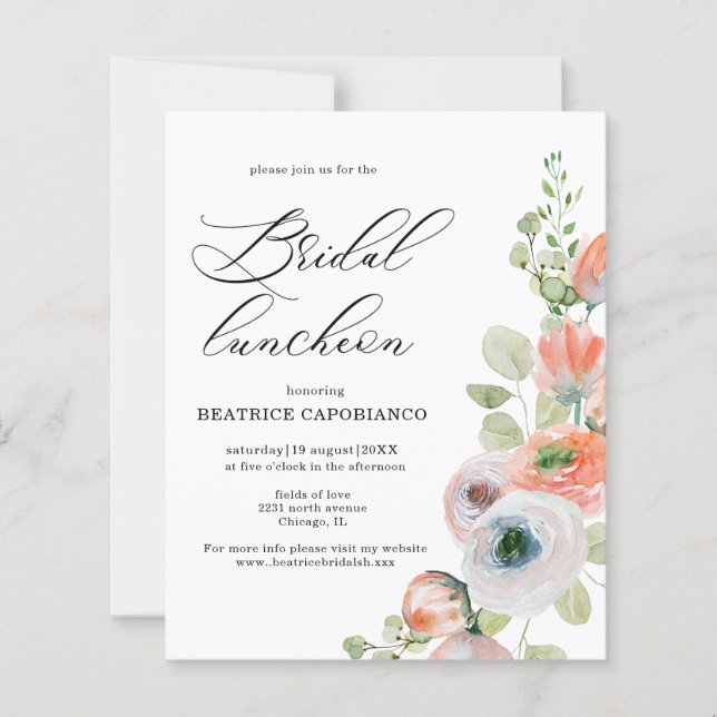 Budget  Romantic Coral Floral Bridal Luncheon Card (Voorkant)
